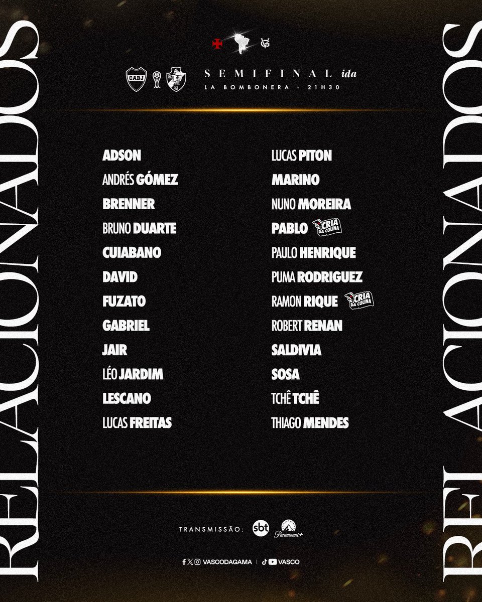 Vasco divulga os relacionados para o jogo contra o Boca Juniors e atualiza situação de Spinelli, que não viajou