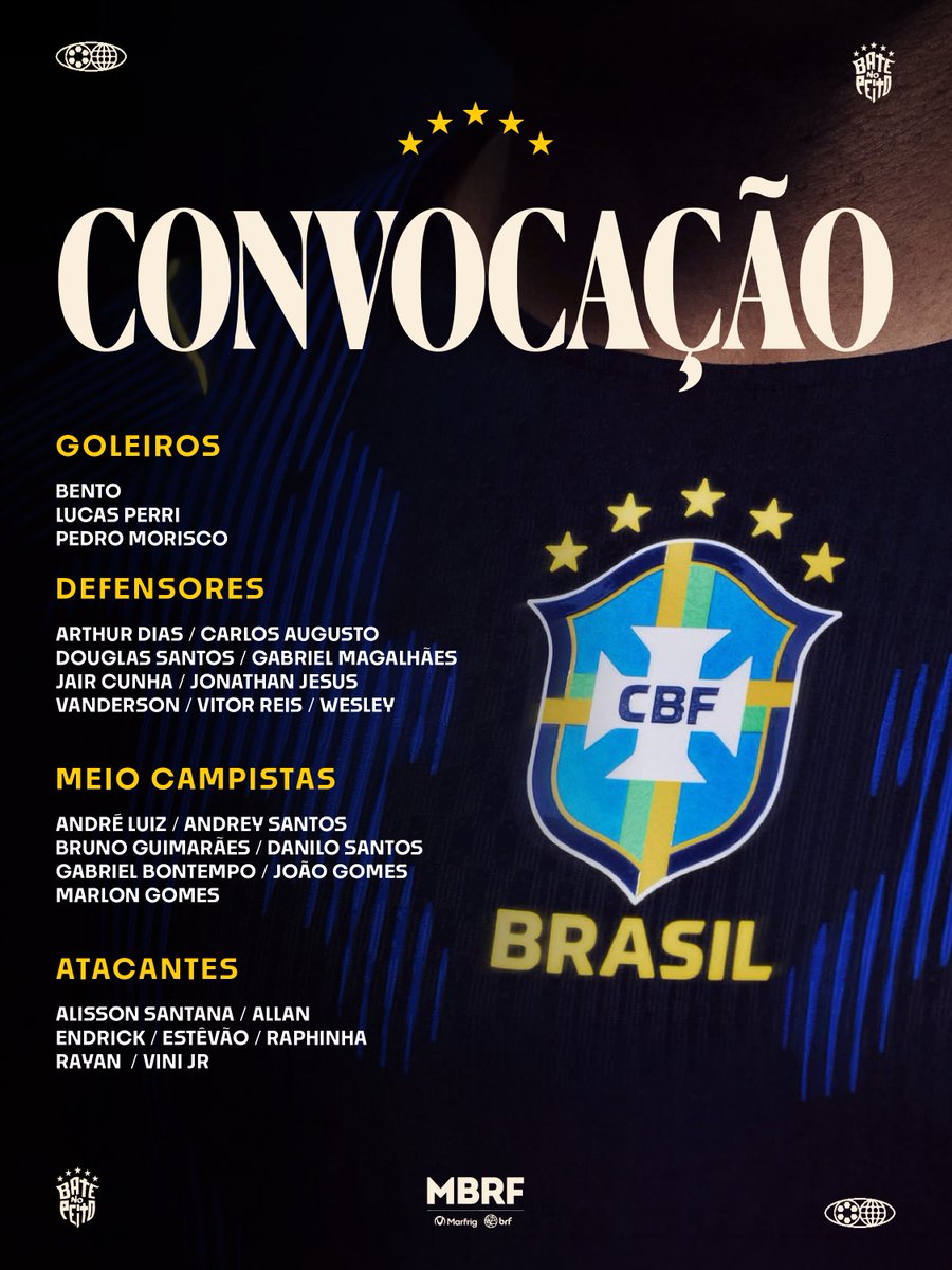Crias Andrey Santos, Marlon Gomes e Rayan são convocados para a Seleção Brasileira
